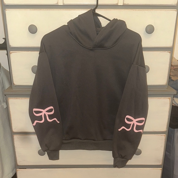 Edikted Sweaters - Women's Gray Hoodie with Pink Bow Accents